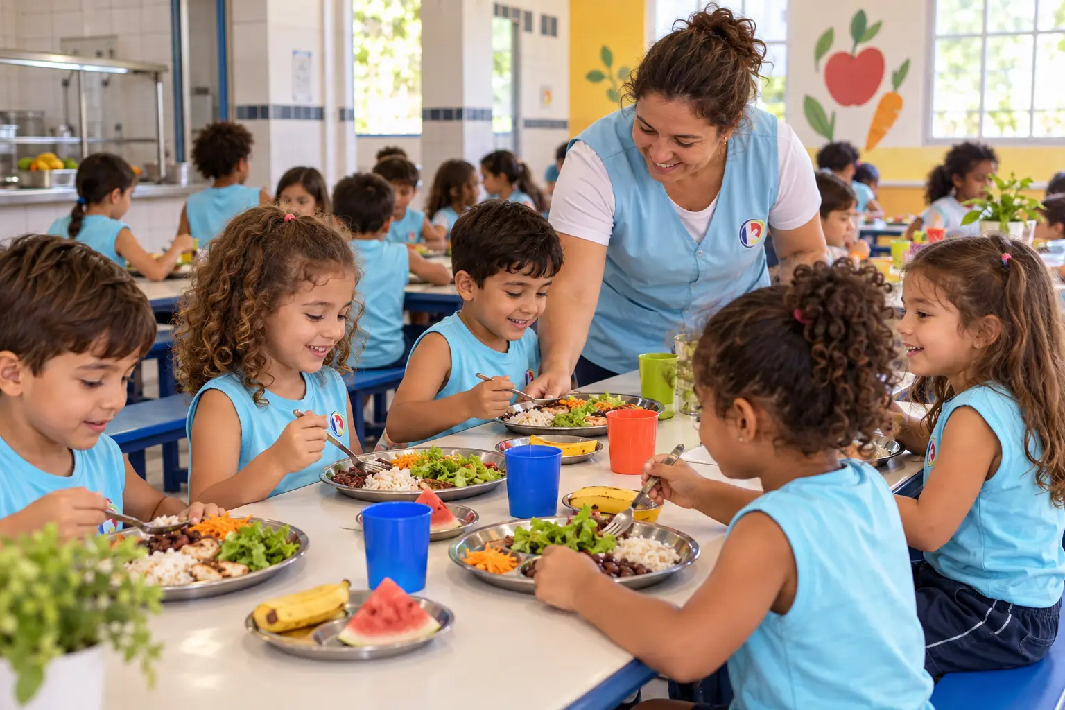 Crianças almoçando juntas na escola com uma educadora
